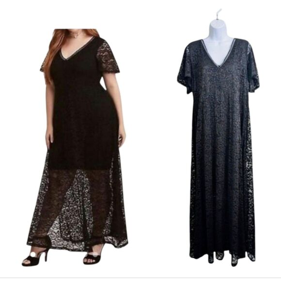 Torrid Black Lace Maxi Dress V-Neck Short Flutter Sleeves Formal Party Plus 18 - Picture 1 of 12